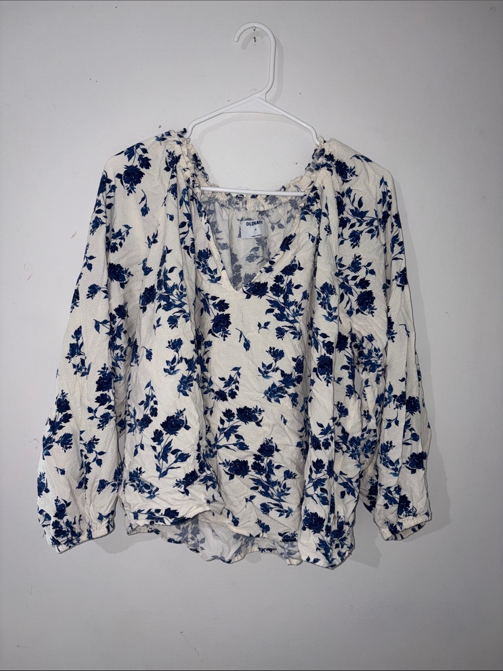 Old Navy Cream Blouse with Blue Floral Print